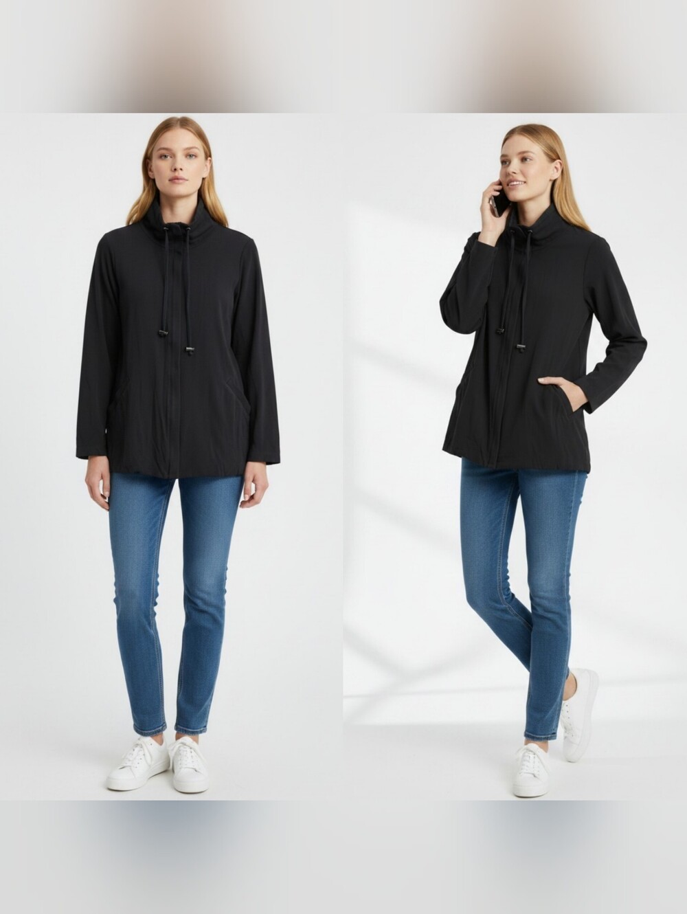 Eileen Fisher medium zip up jacket hi collar black long sleeves stretch casual